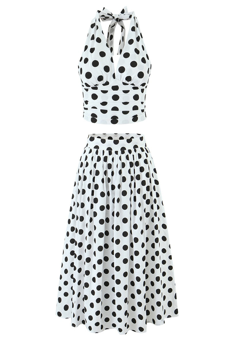 White Polka Dots Halter Tie V-neck Two-Piece Set