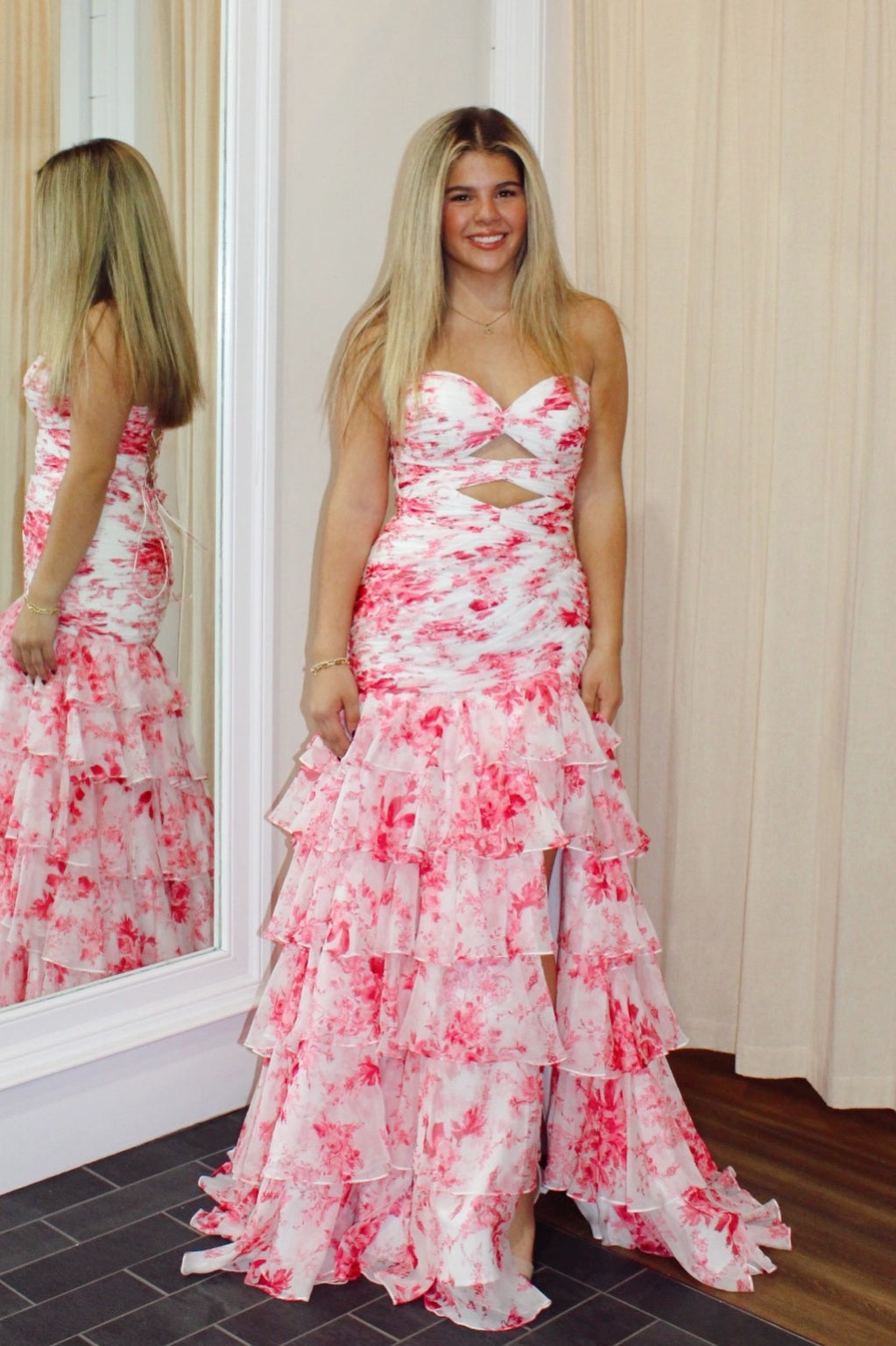 Red Sweetheart Floral Print Cut-Out Mermaid Gown