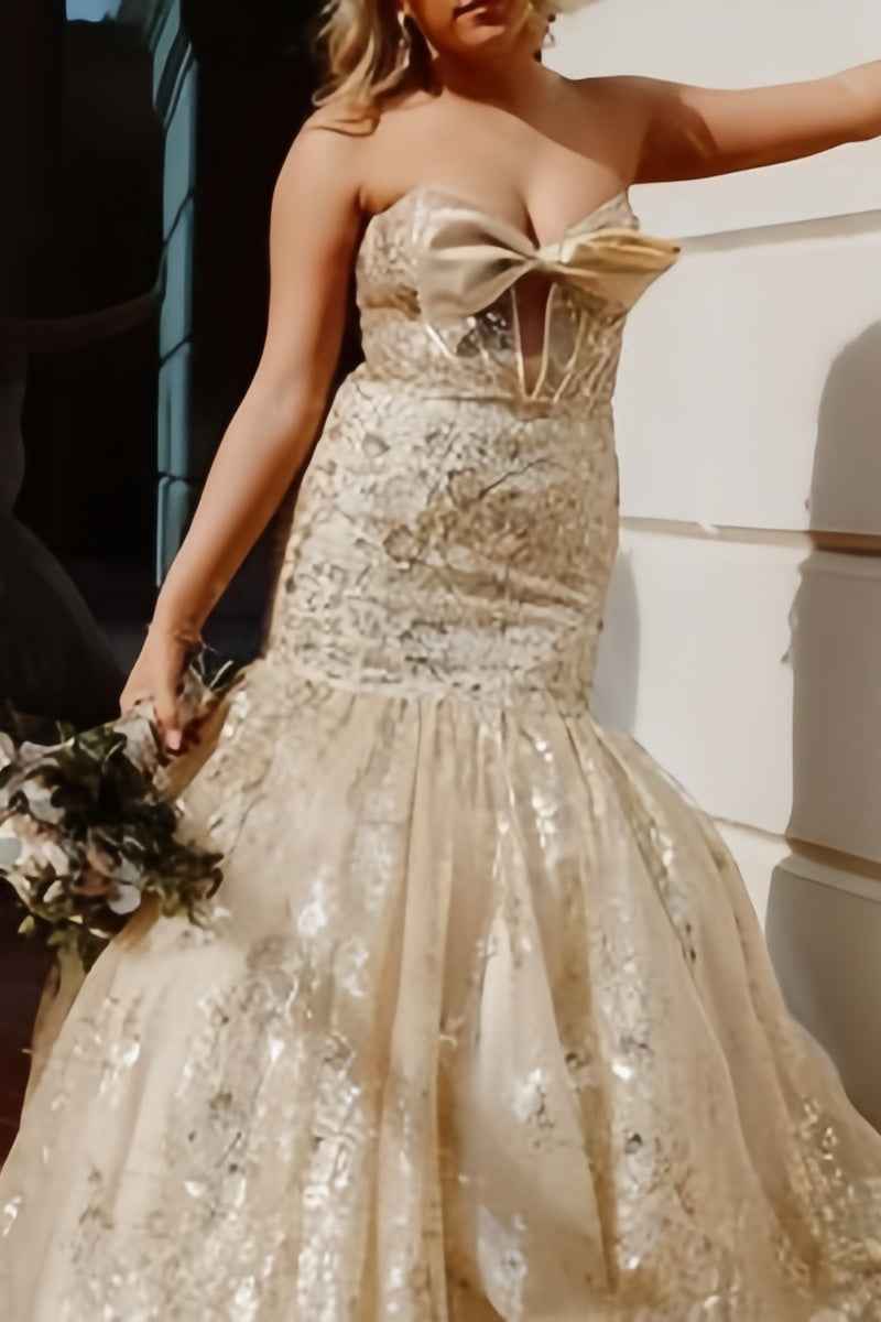 Champagne Tulle Sequin Applique Bow Mermaid Dress