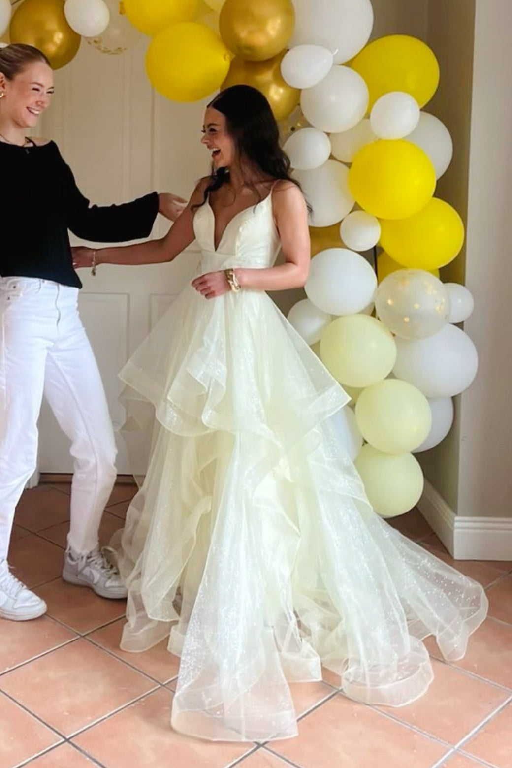 Light Yellow A-Line V-Neck Long Dress with Tiered Ruffles