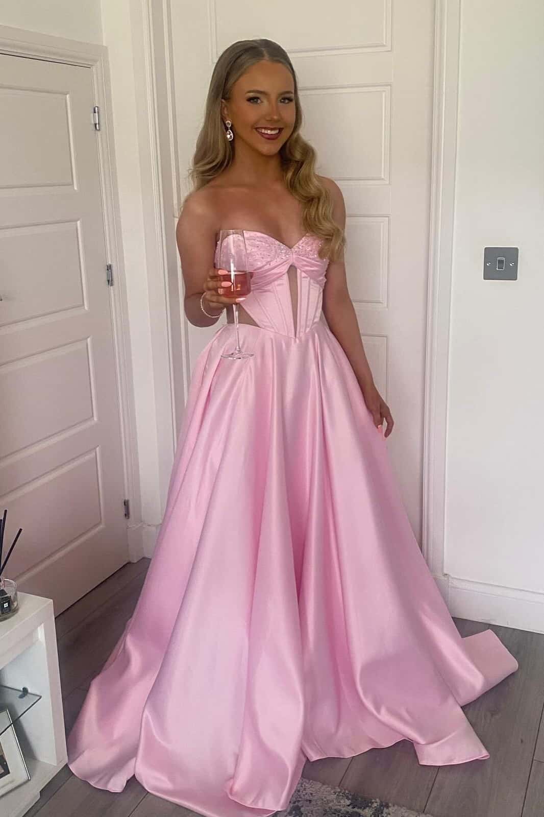 Bright Pink Strapless Satin Gown with Cut-out Details