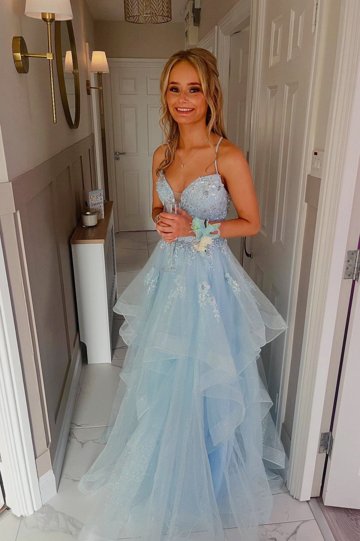 Light Blue Spaghetti Strap V-Neck Ruffle A-Line Dress – Dressesforparty