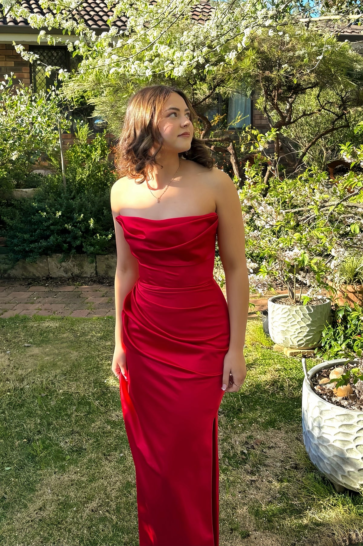 Red Strapless Ruched Fitted Long Dress