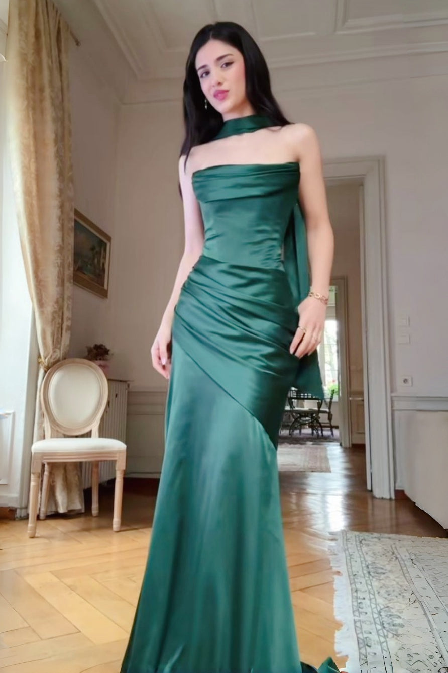 Emerald Green Strapless Pleated Boning Long Dress