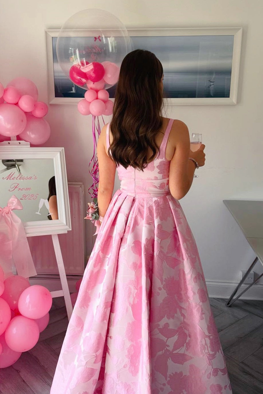 Pink Square Neck Jacquard A-Line Dress – Dressesforparty