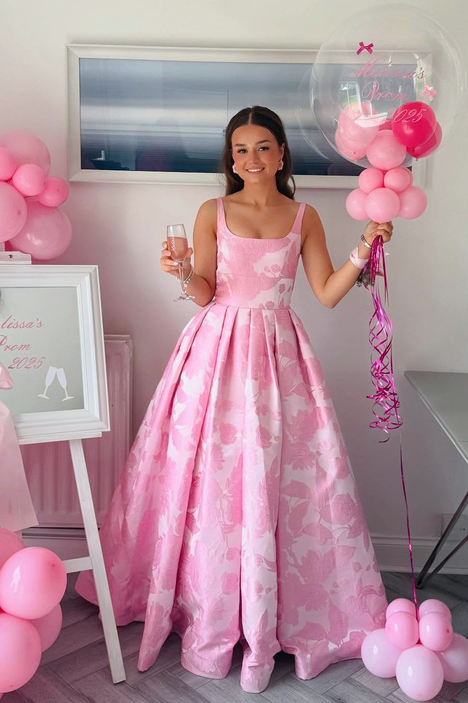 Pink Square Neck Jacquard A-Line Dress