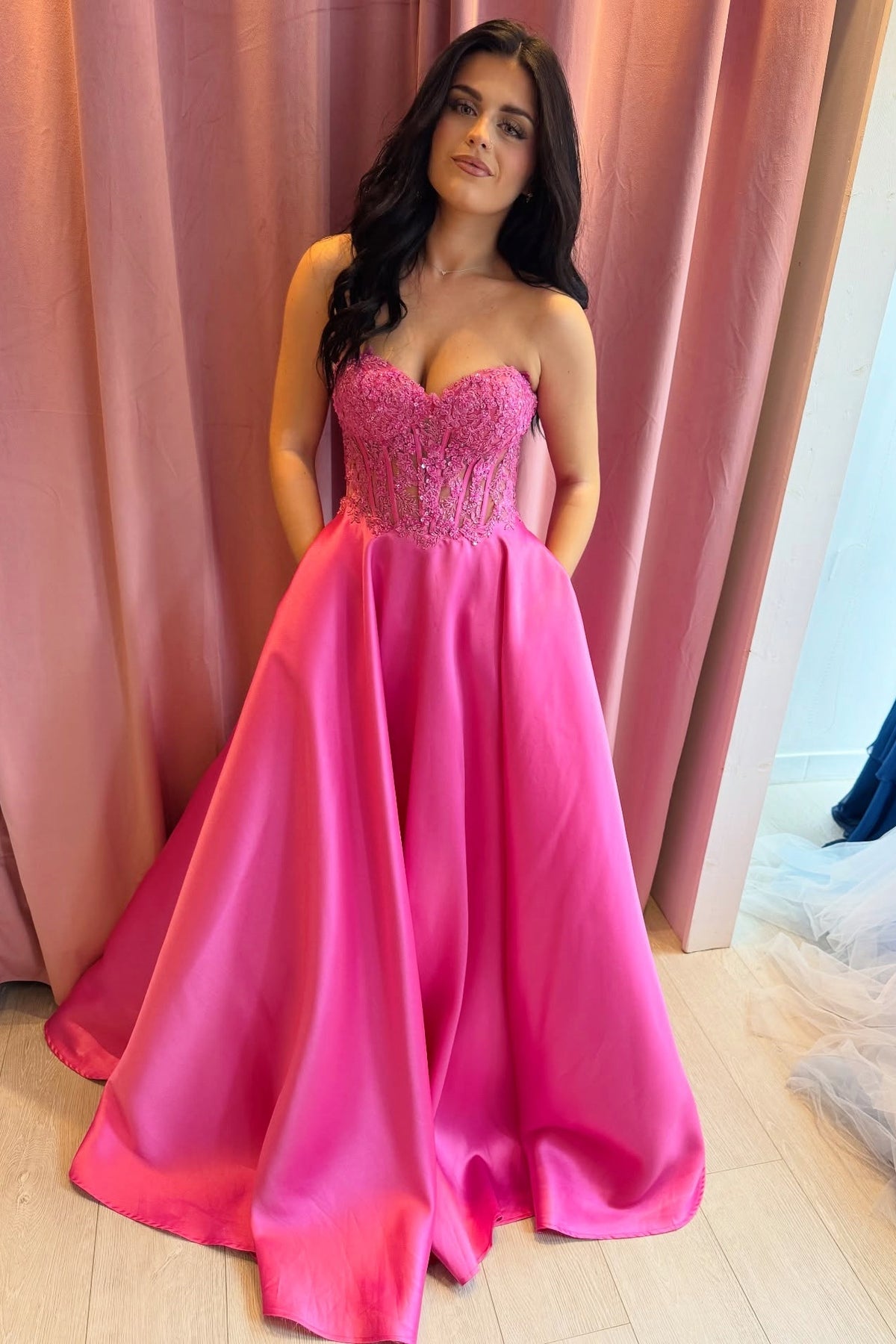 Hot Pink Sweetheart Embroidered A-Line Dress