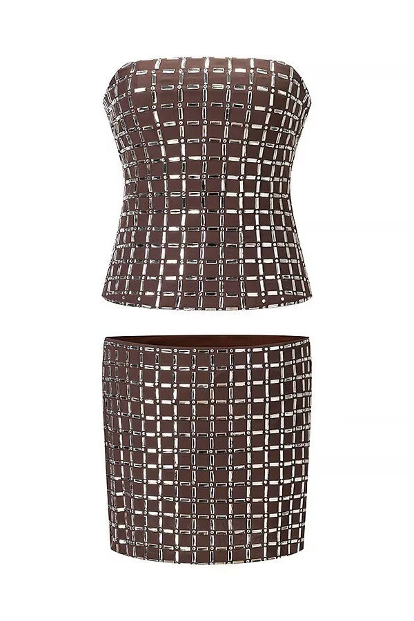 Brown Rhinestone Strapless Two-Piece Top and Mini Skirt Set