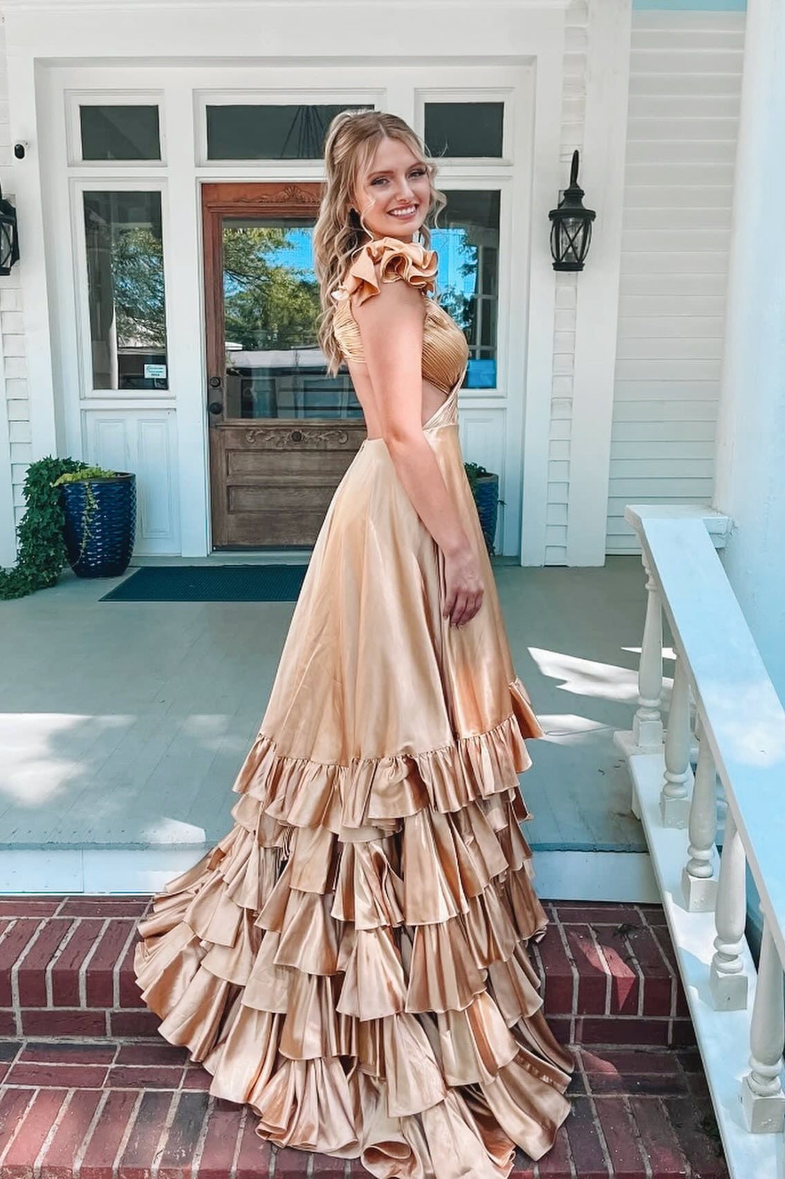 champagne ruffle maxi dress Champagne Rhinestone Ruffle Draped Maxi Dress self-portrait-US