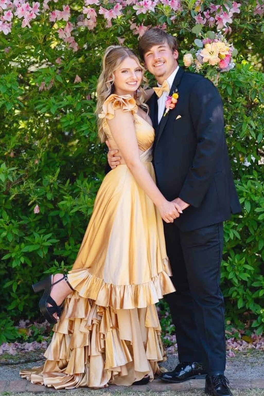 Strapless Champagne Ruffle Long Dress with Side Slit