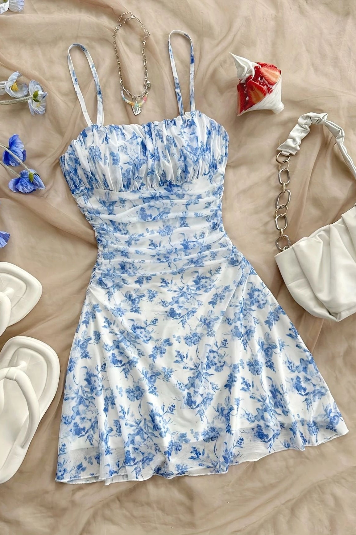 Printed Blue Ruched Spaghetti Strap Dress