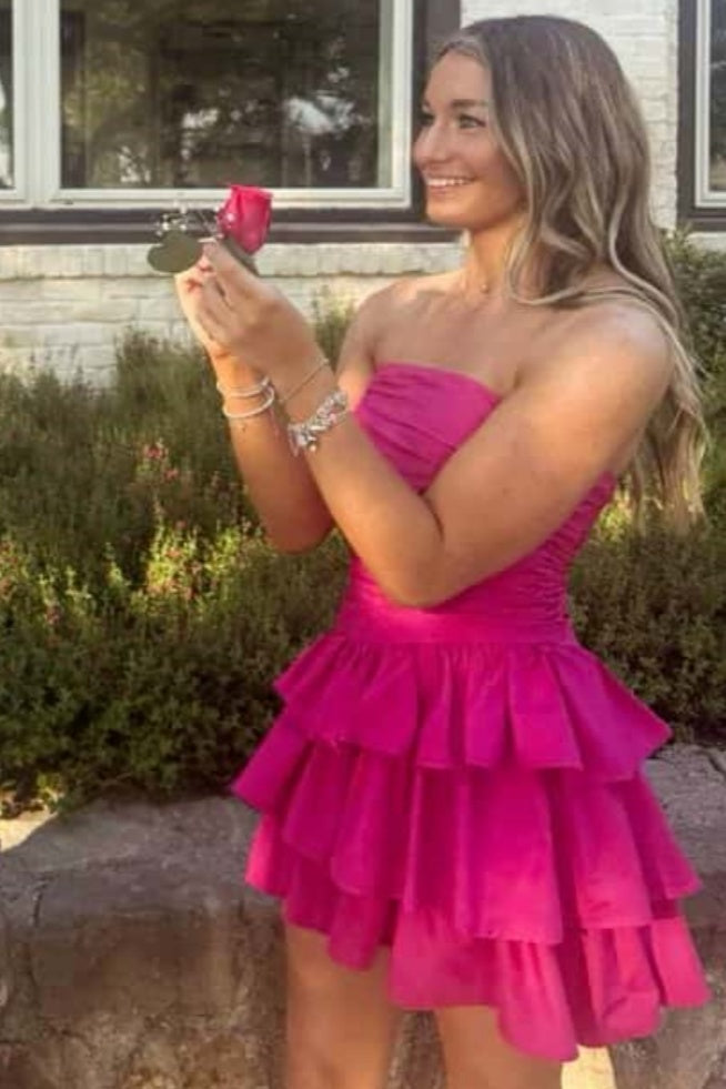 Magenta Strapless Mini Dress with Ruffle Hem