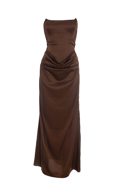 Brown Strapless Fitted Long Dress