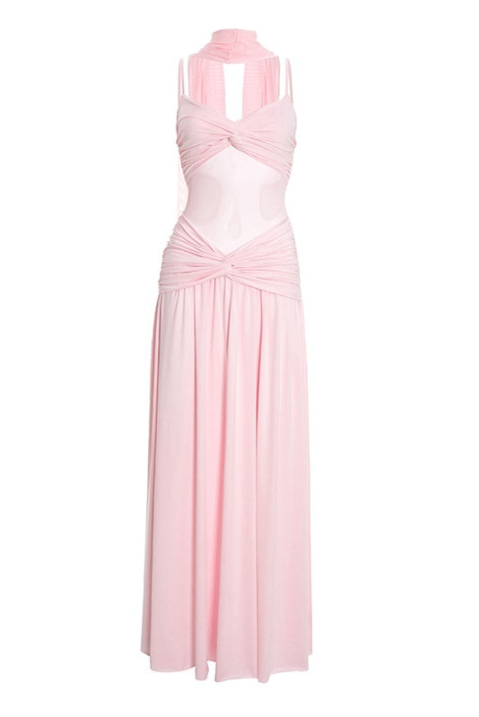 Pink Spaghetti Strap Twist Long Dress