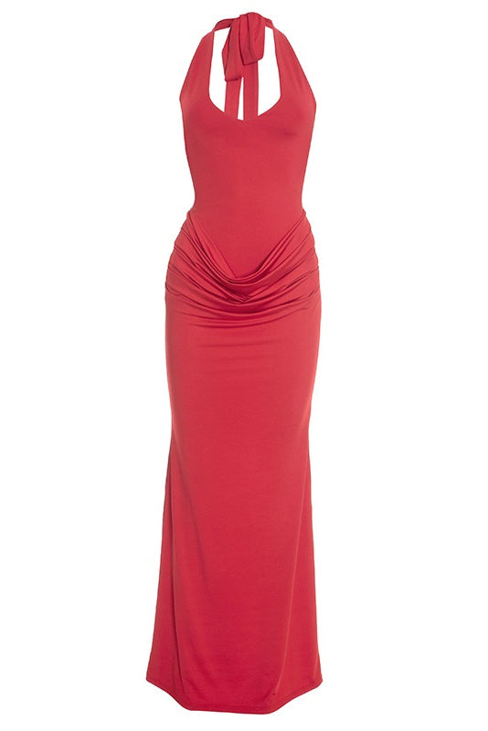 Red Halter Tie Fitted Long Dress