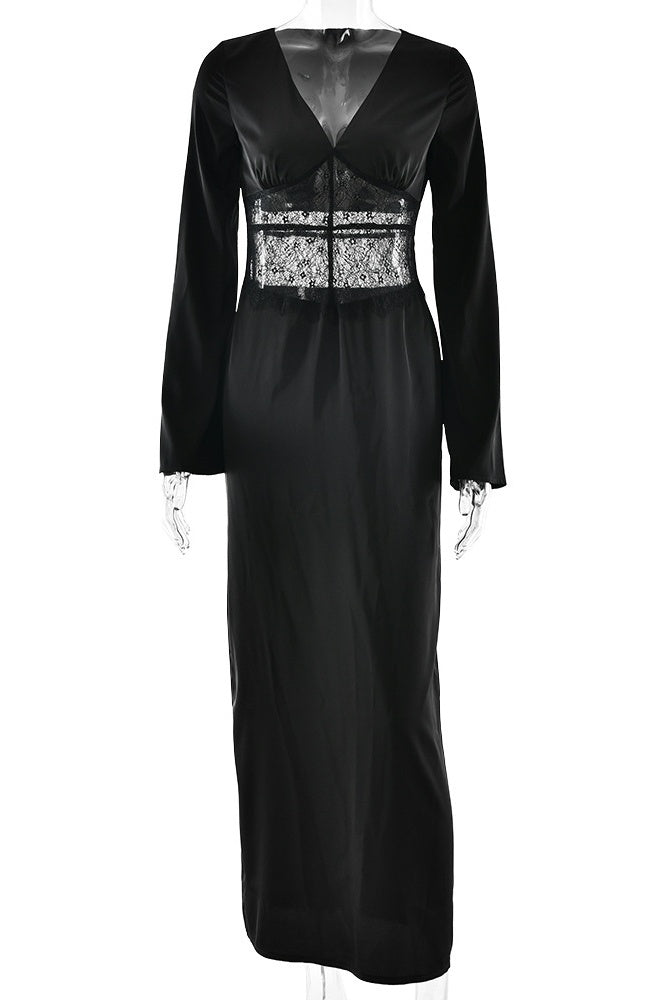 Black V-neck A-line Lace Panel Long Dress