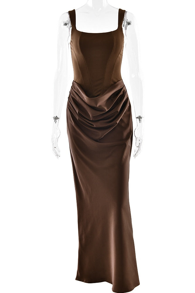 Brown Square Fitted Long Dress