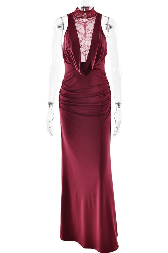 Burgundy Cowl Fitted Lace Panel Long Dress