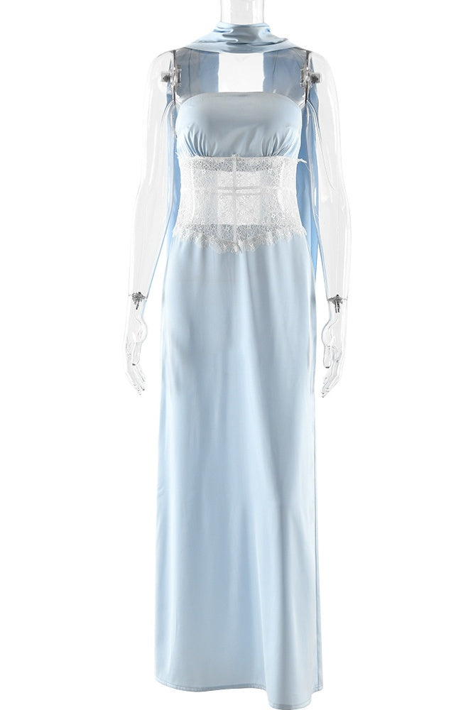 Light Blue Strapless A-line Lace Panel Long Dress