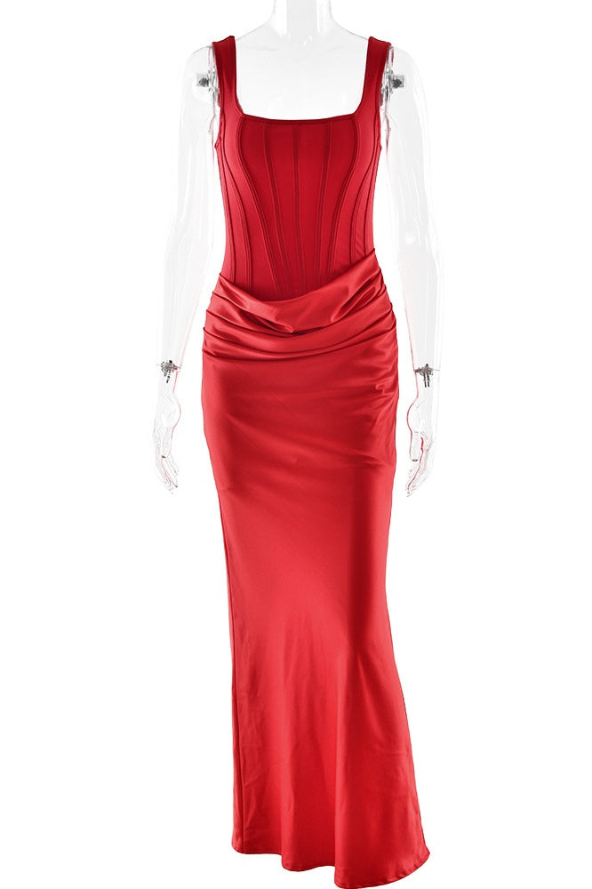 Red Square Fitted Layered Pleats Long Dress