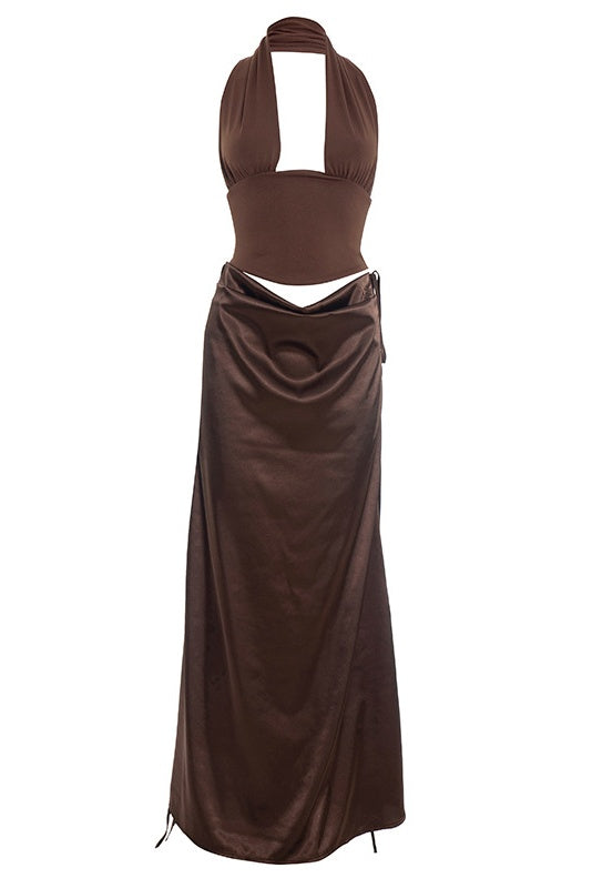 Brown Halter Neck Cut-out Long Dress
