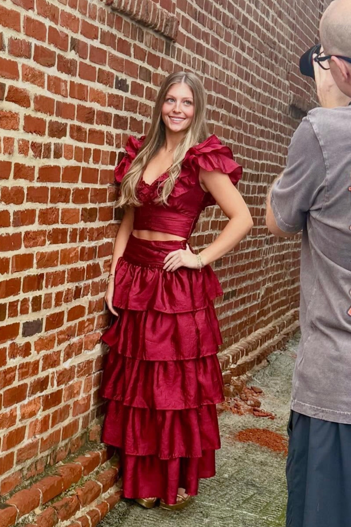 Layered Ruffle Two-Piece Red A-line Dress