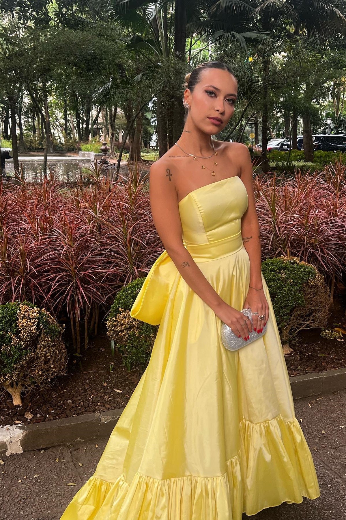 Yellow Strapless Back Bow A-line Ball Gown