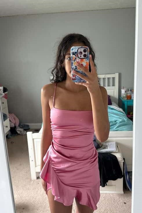 Pink Spaghetti Strap Ruffle Mini Dress