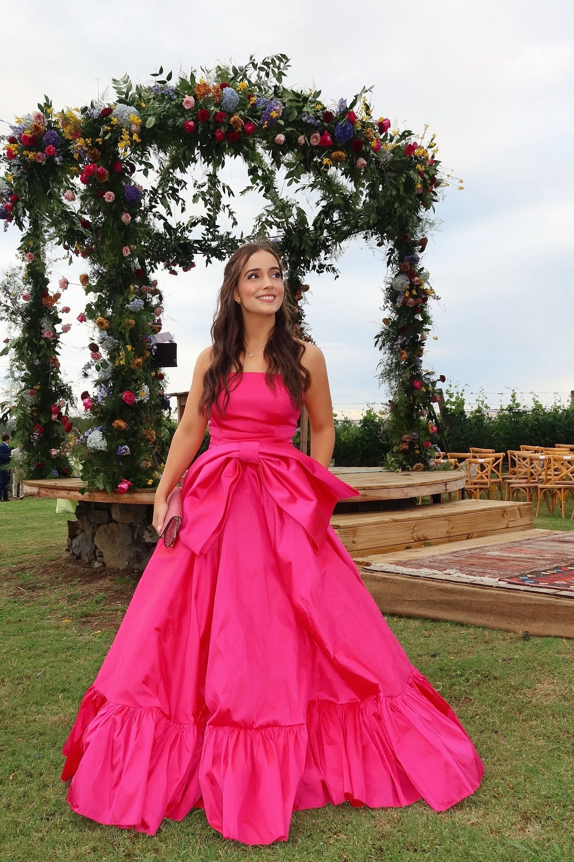 Hot Pink Strapless Front Bow A-line Long Dress