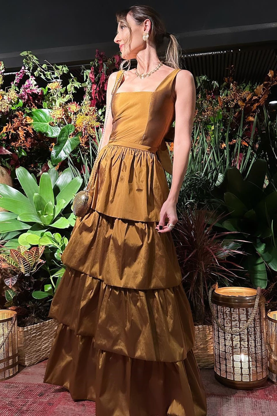 Earthy Yellow Square-Neck Ruffled A-Line Prom Dress