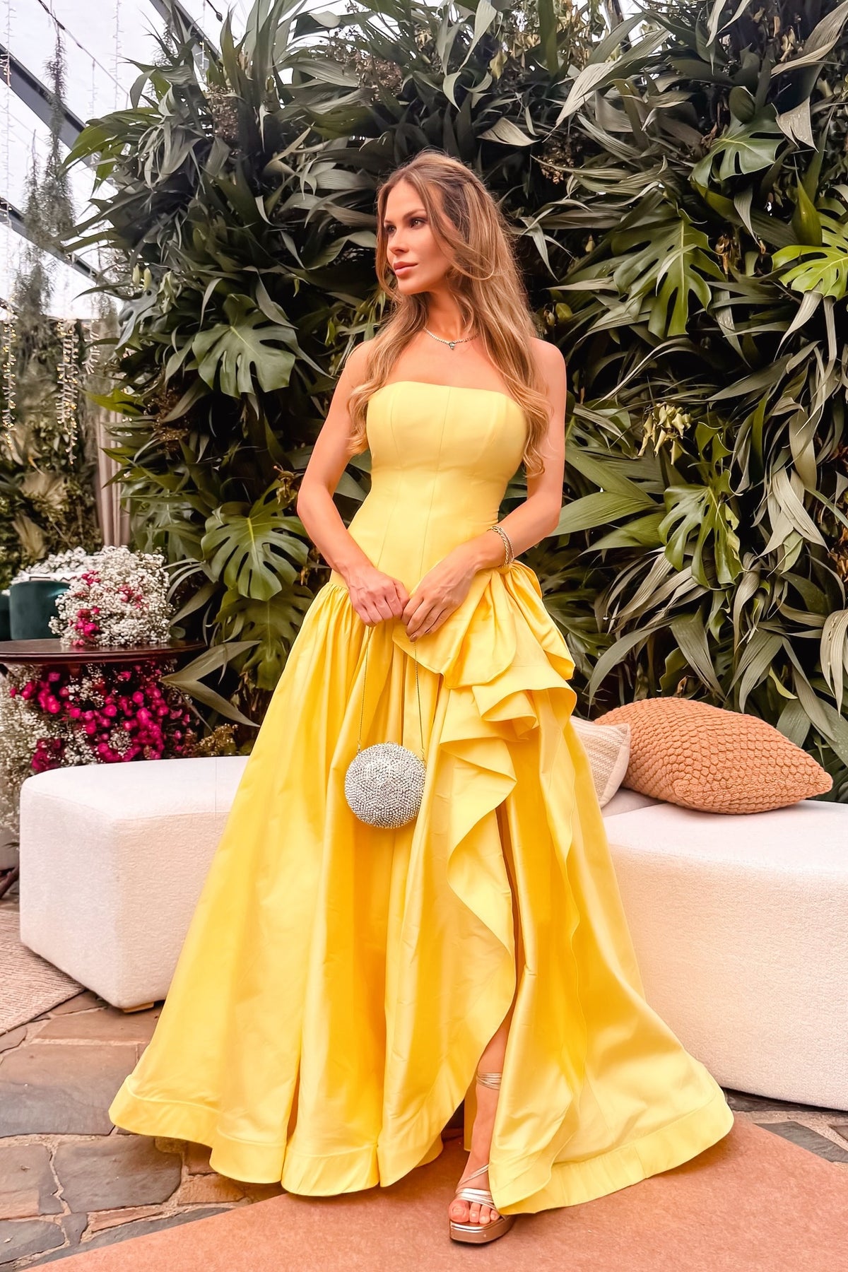 Yellow Strapless A-Line Ruffles and Bow Dress
