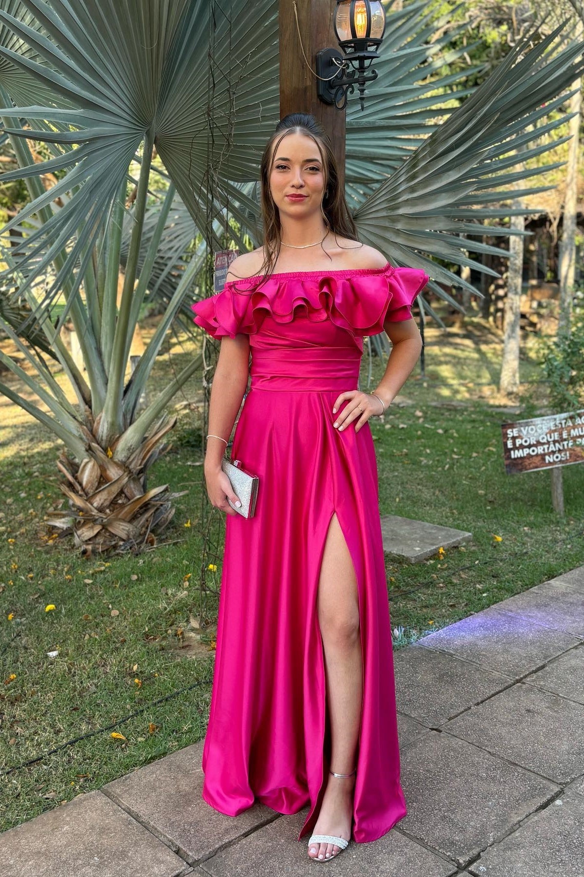 Hot Pink Satin Off-the-Shoulder A-Line Gown
