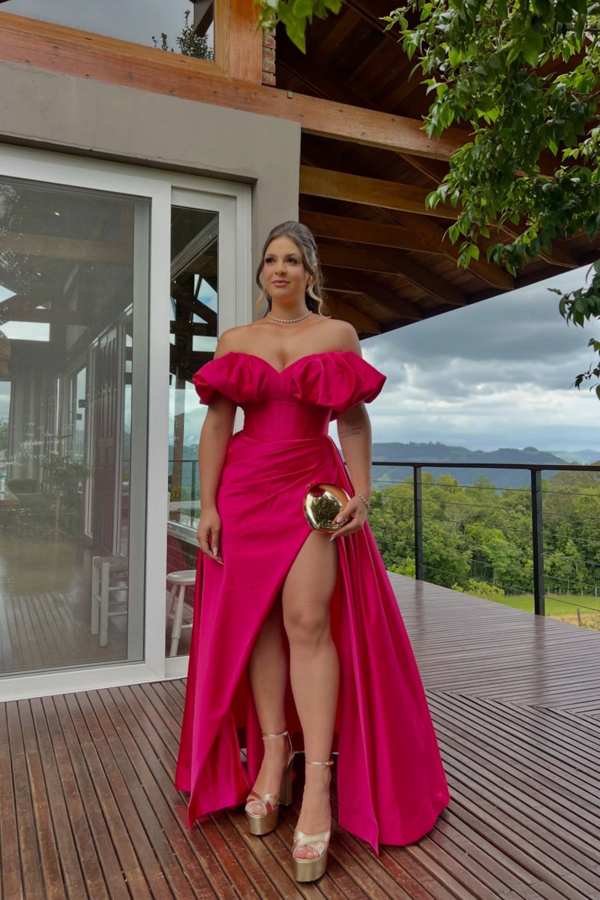 Hot Pink Off-the-Shoulder A-Line Dress