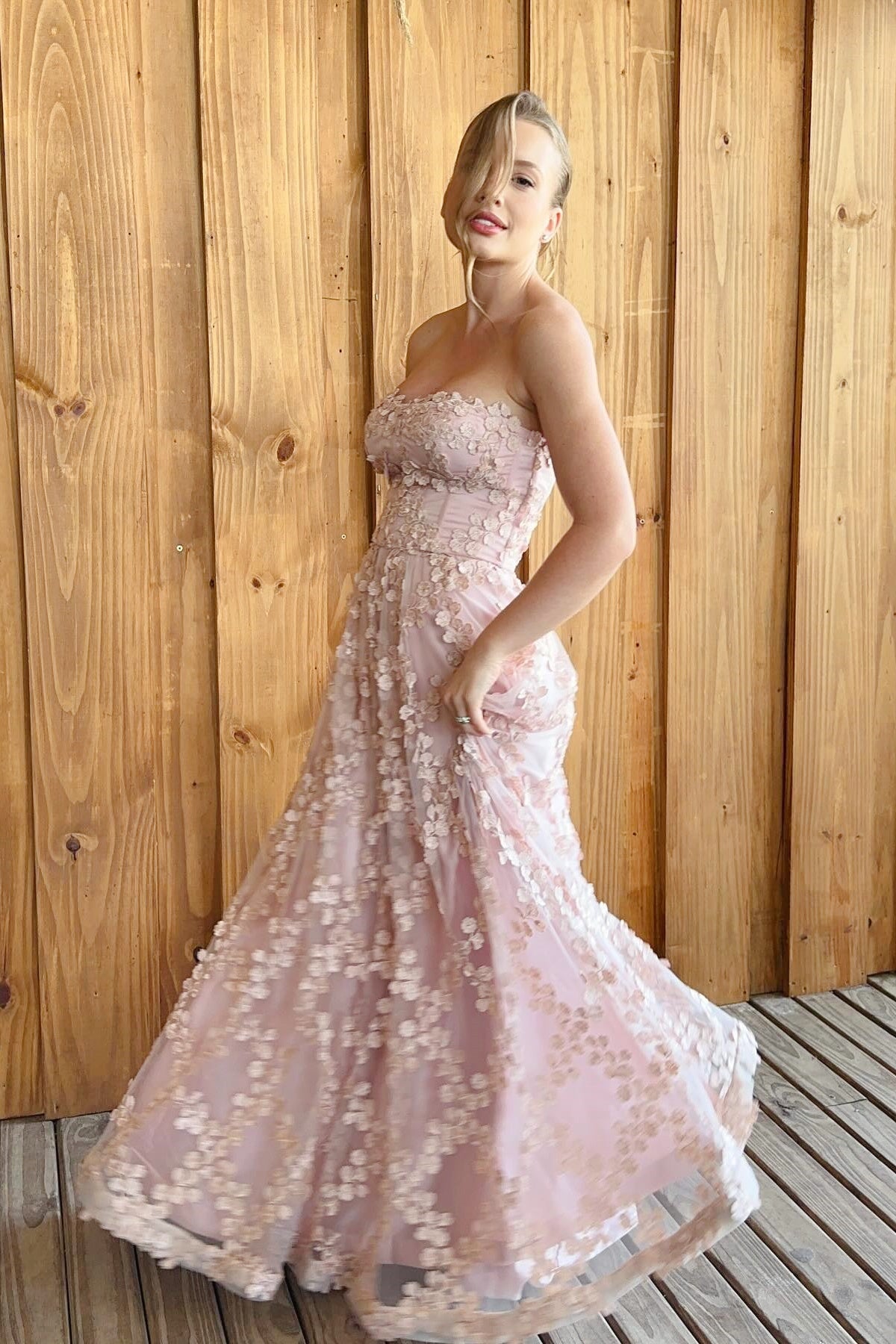 Pink Strapless A-Line 3D Floral Dress