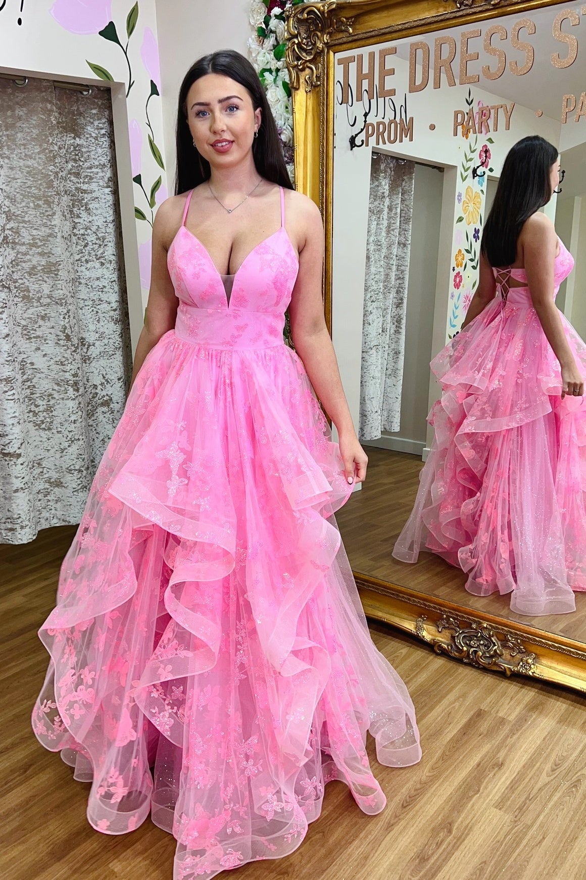 Pink Spaghetti Strap Sequin Layered A-line Dress