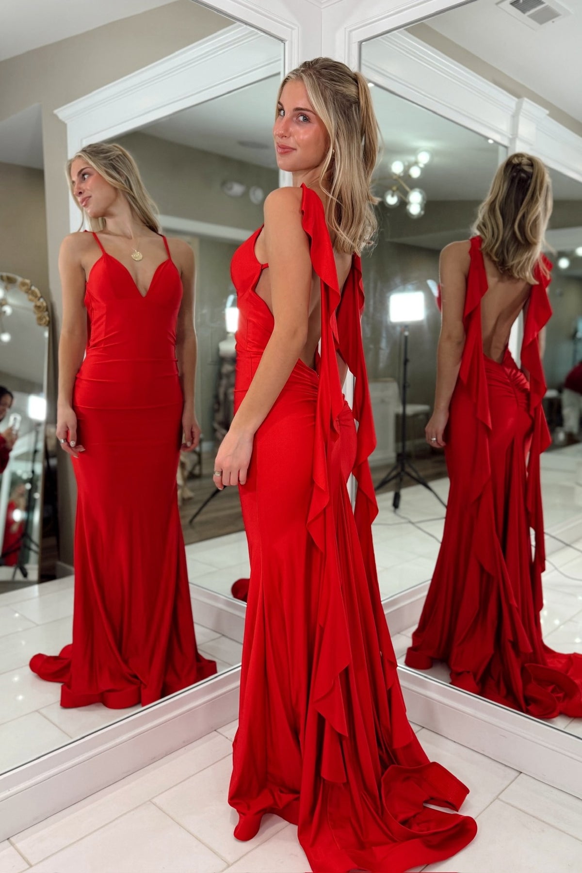 Red Spaghetti Strap Mermaid Dress with Layered Ribbons