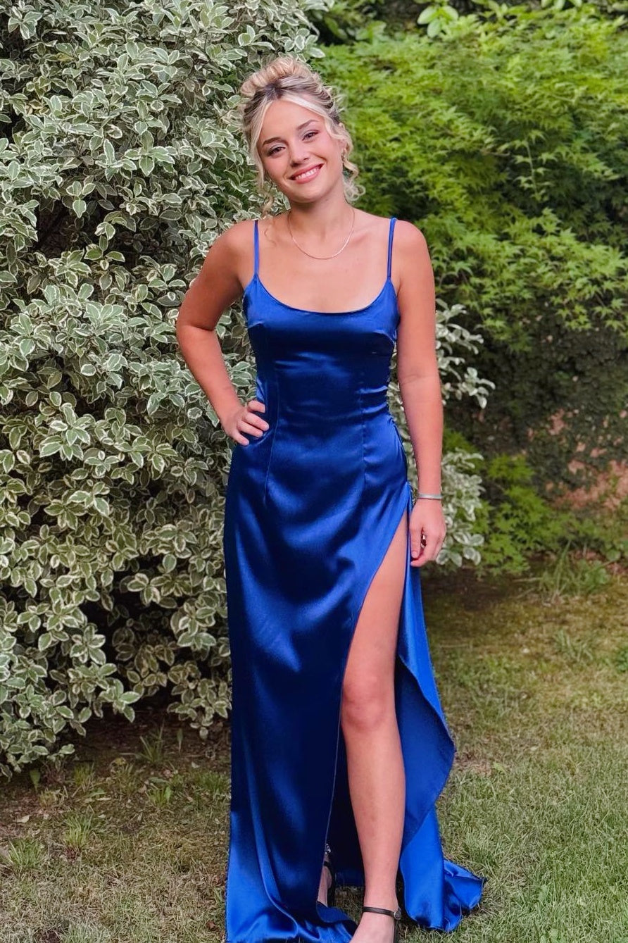 Royal Blue Spaghetti Strap Slit A-line Dress