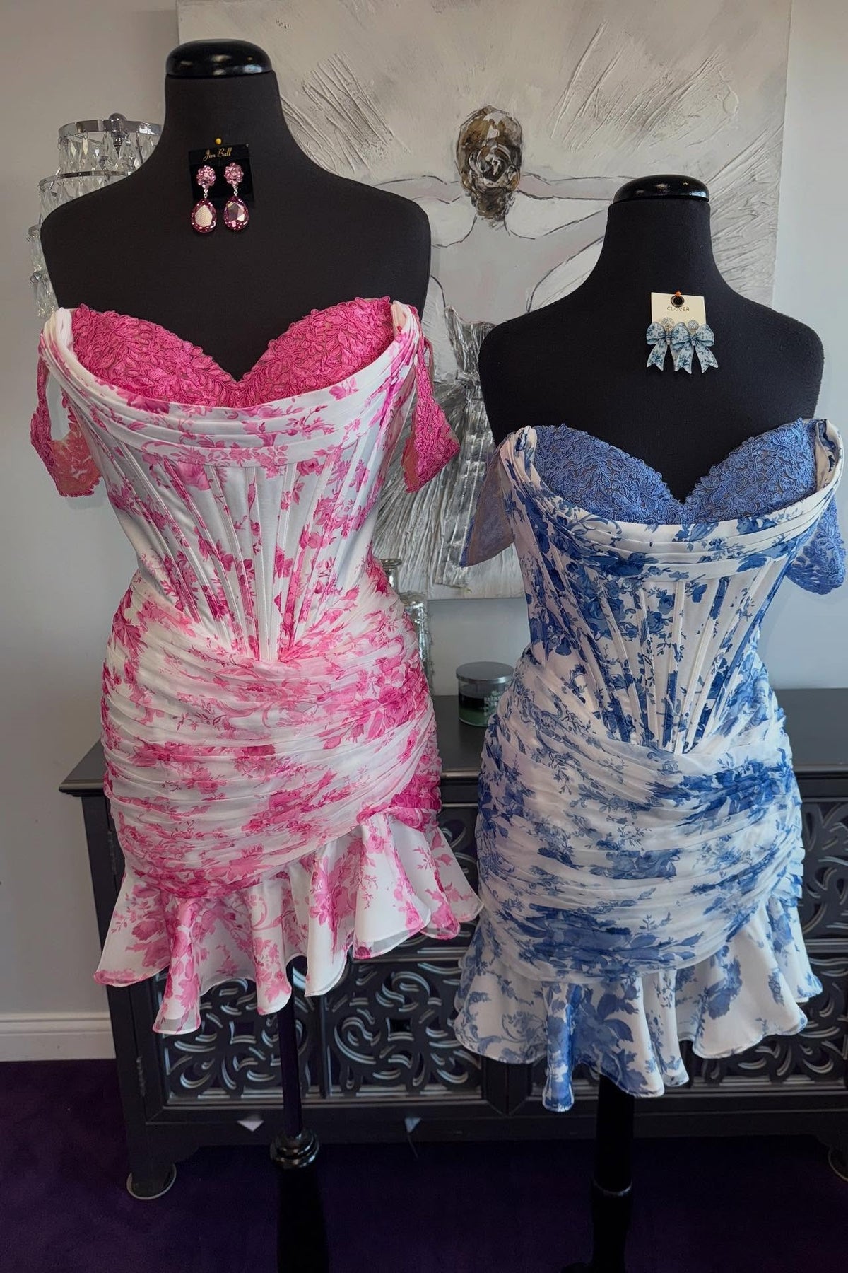 Blue Off-shoulder Floral Print A-line Dress