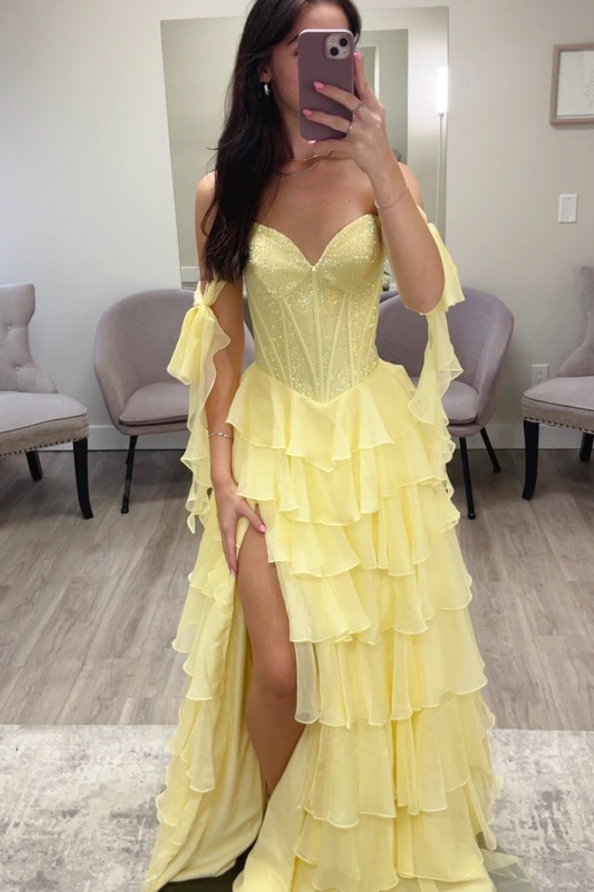 Yellow Beaded Ruffle Side-Slit A-line Gown
