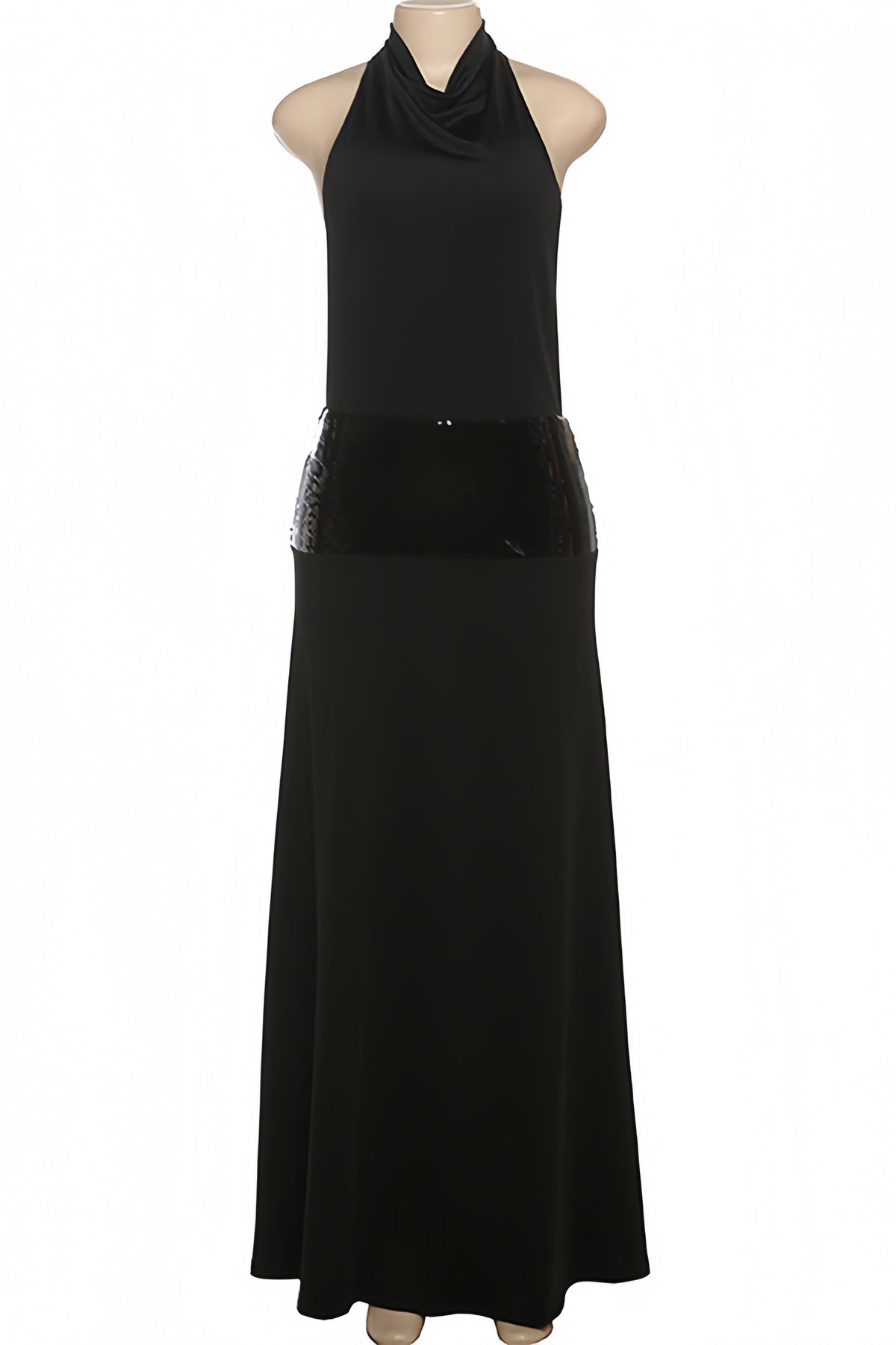 Black Halter Backless Long Dress with Sequin Panels