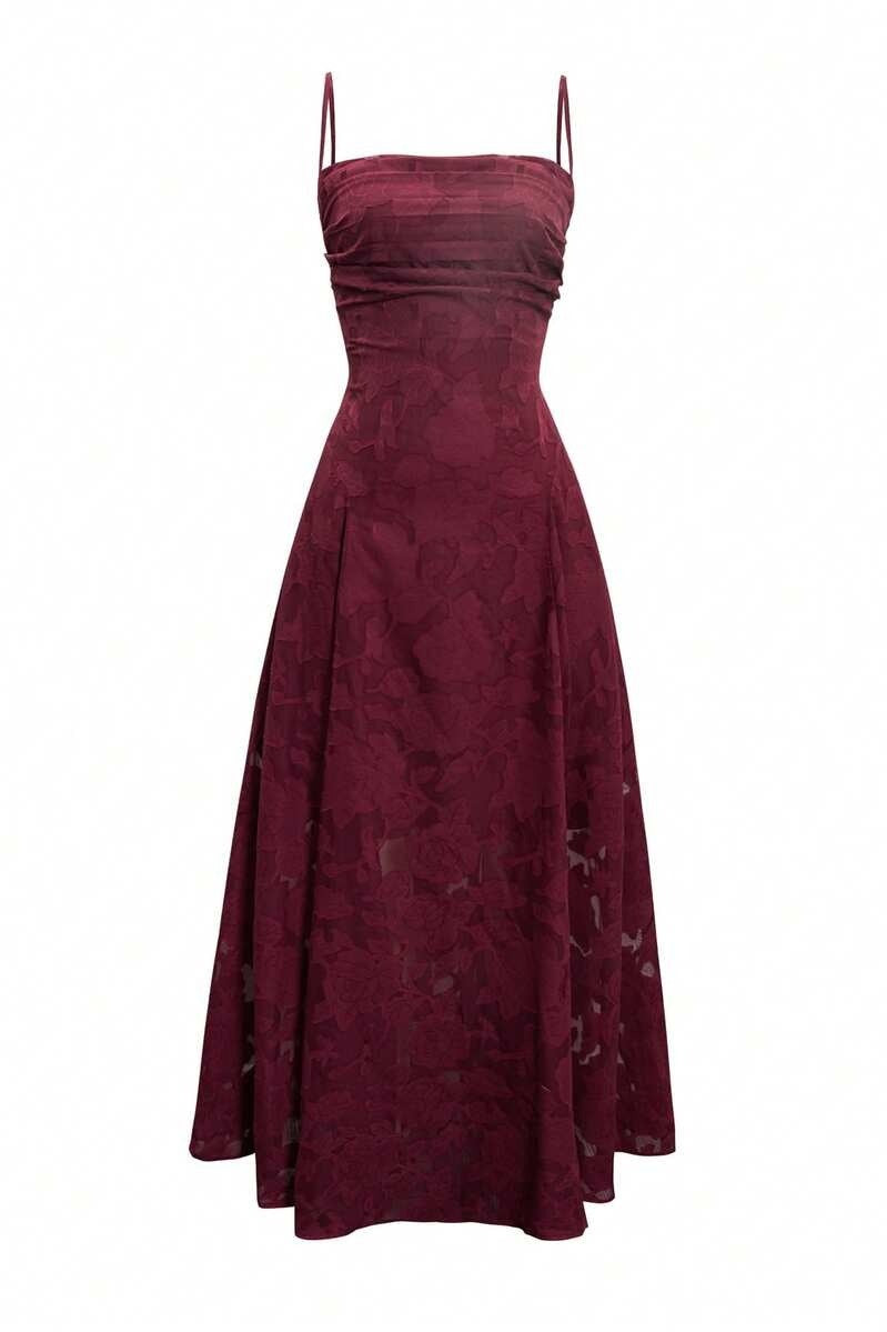 Burgundy Jacquard Spaghetti-Strap Gown
