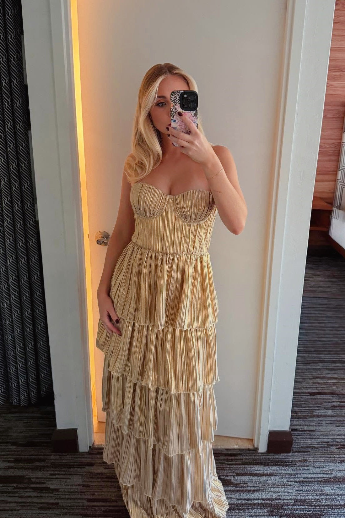 Gold Metallic Sweetheart Ruffle Long Gown