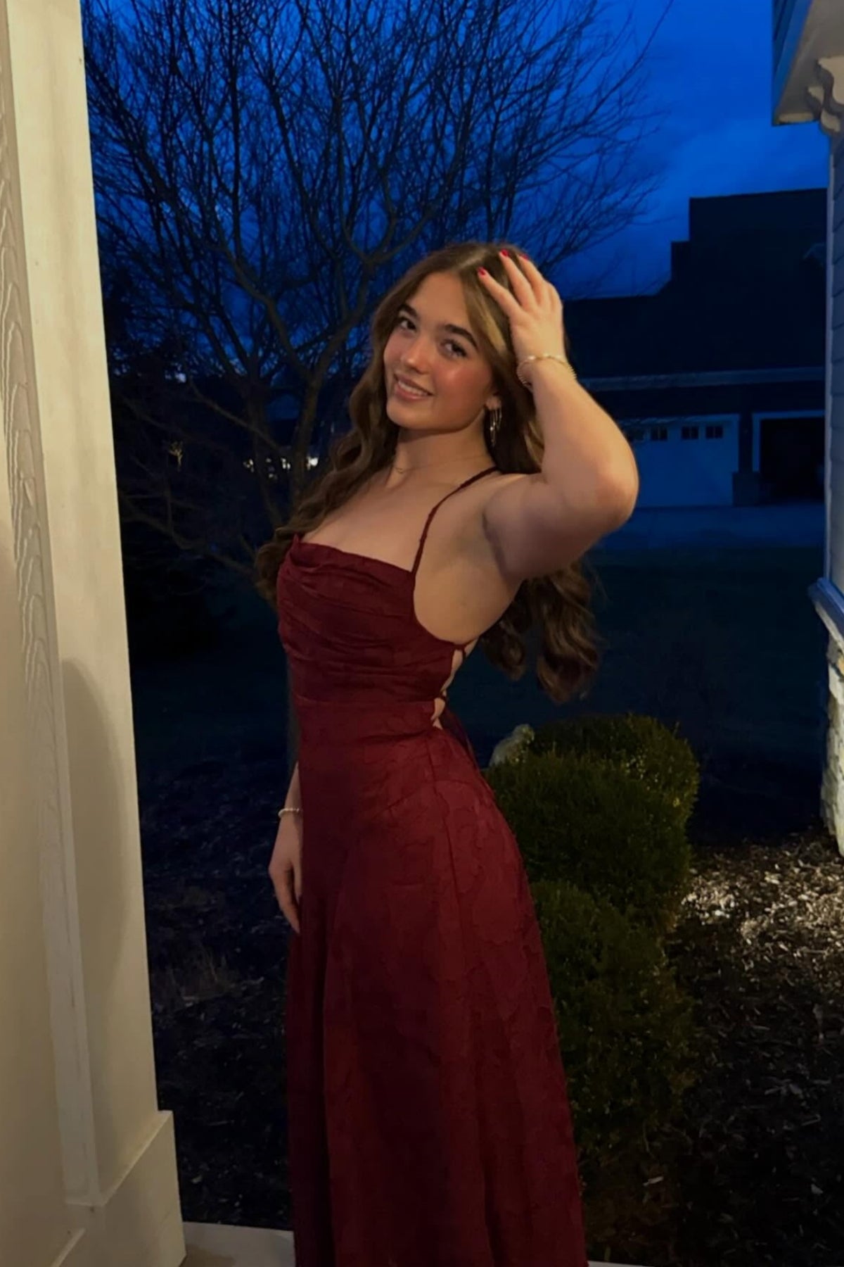 Burgundy Jacquard Spaghetti-Strap Gown Dressesforparty Burgundy Jacquard Spaghetti-Strap Gown Dressesforparty
