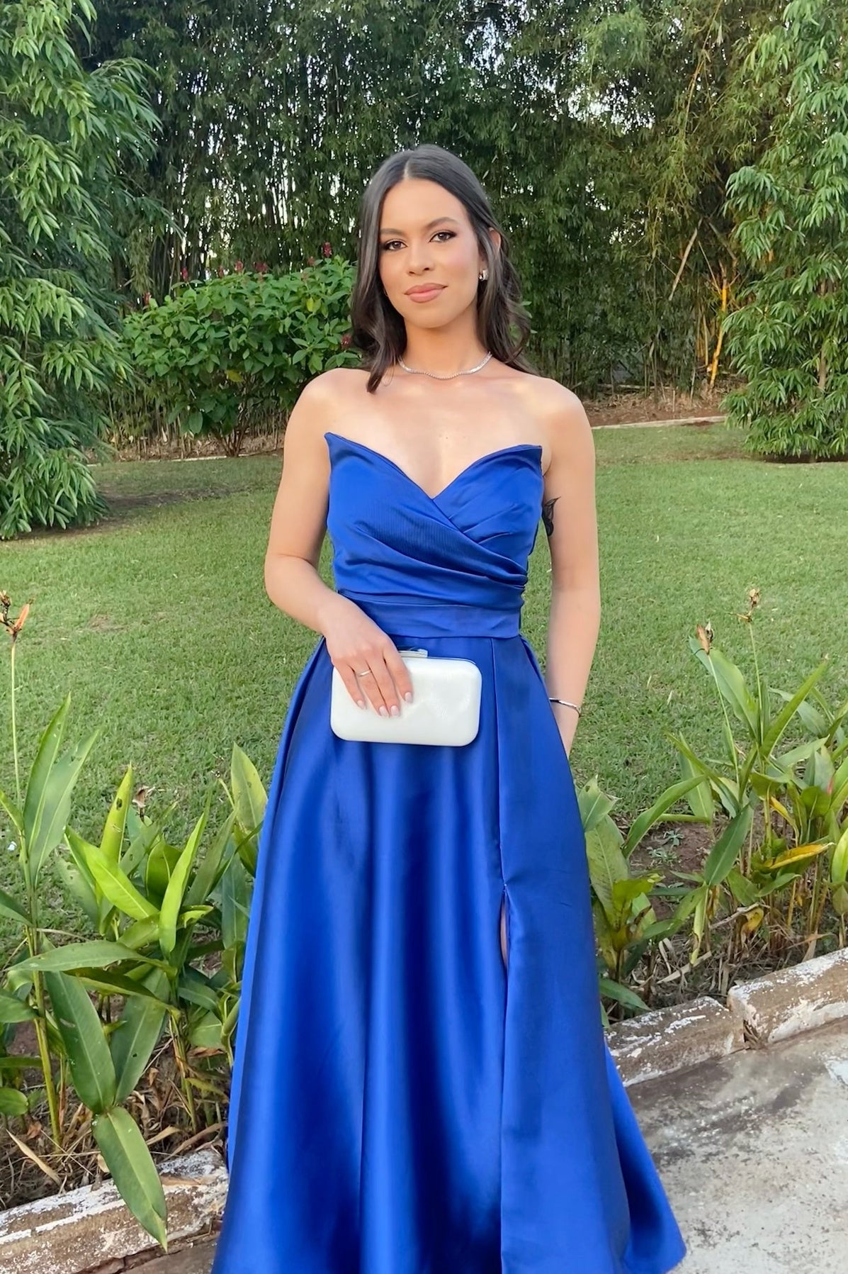 Royal Blue V Neck Ruched Satin Formal Dress