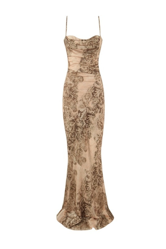 Brown Print Spaghetti Straps Cowl Dress