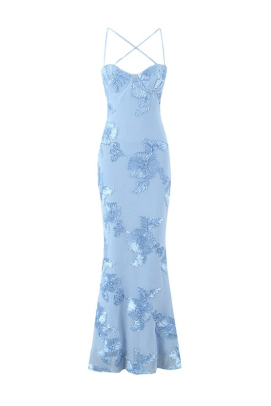 Blue Jacquard 3D-Pattern Mermaid Dress