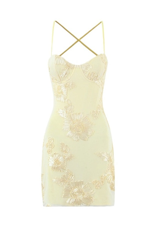 Yellow Jacquard 3D-Pattern Fitted Mini Dress