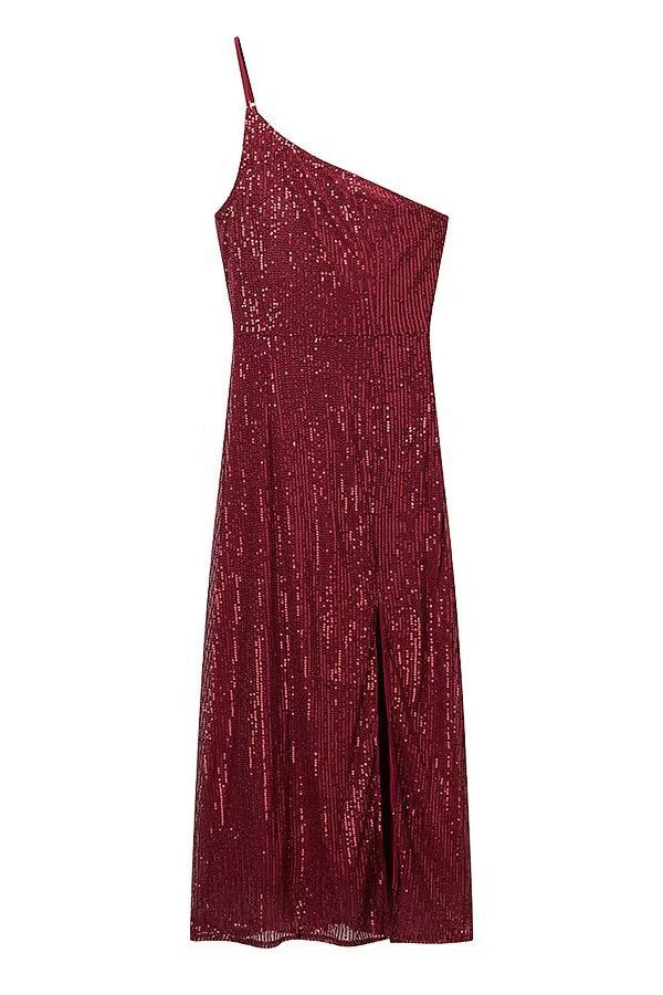 Red One-shoulder Sequin Long Dress