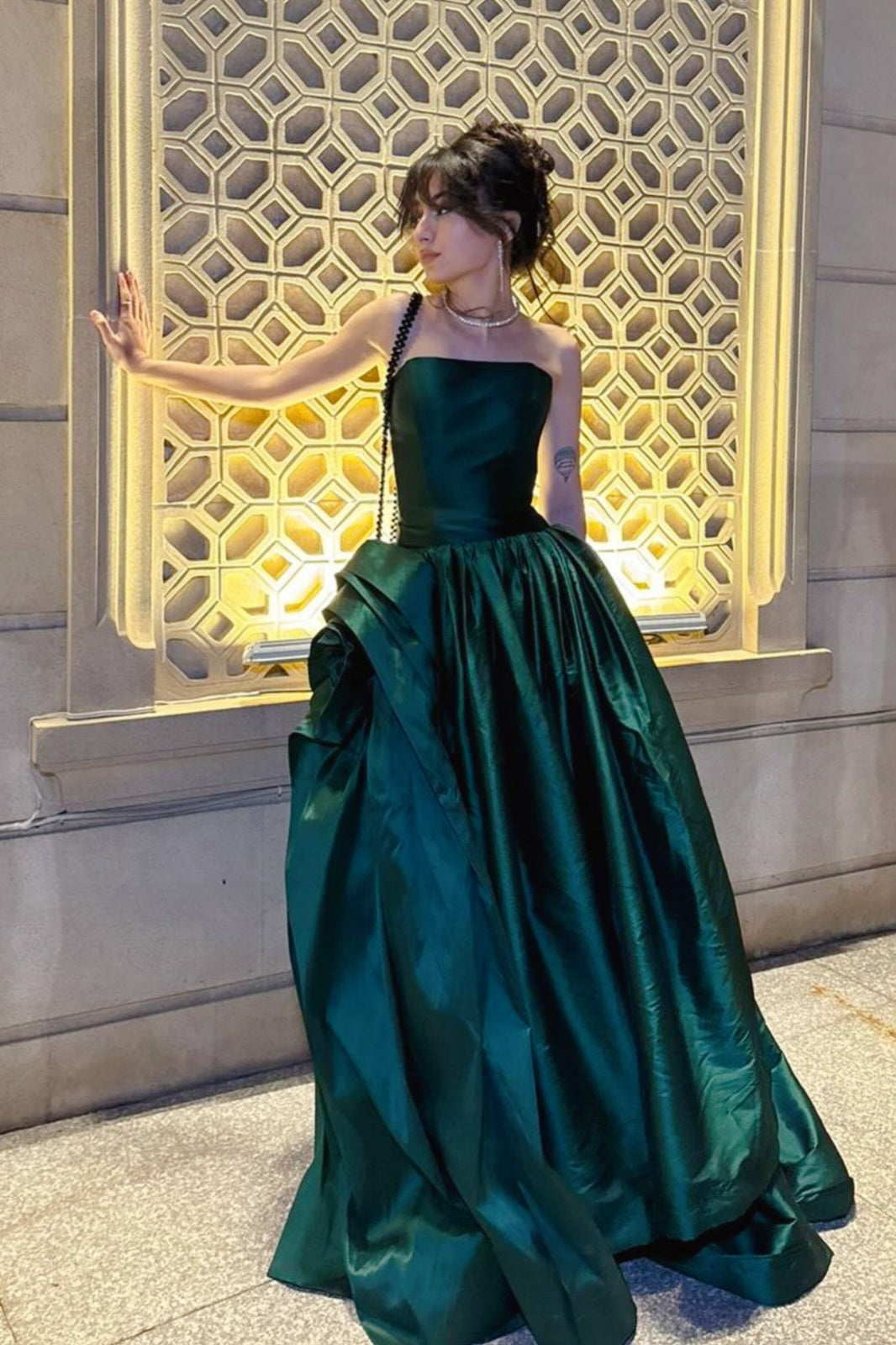 Forest Green Strapless A-line Slit Dress