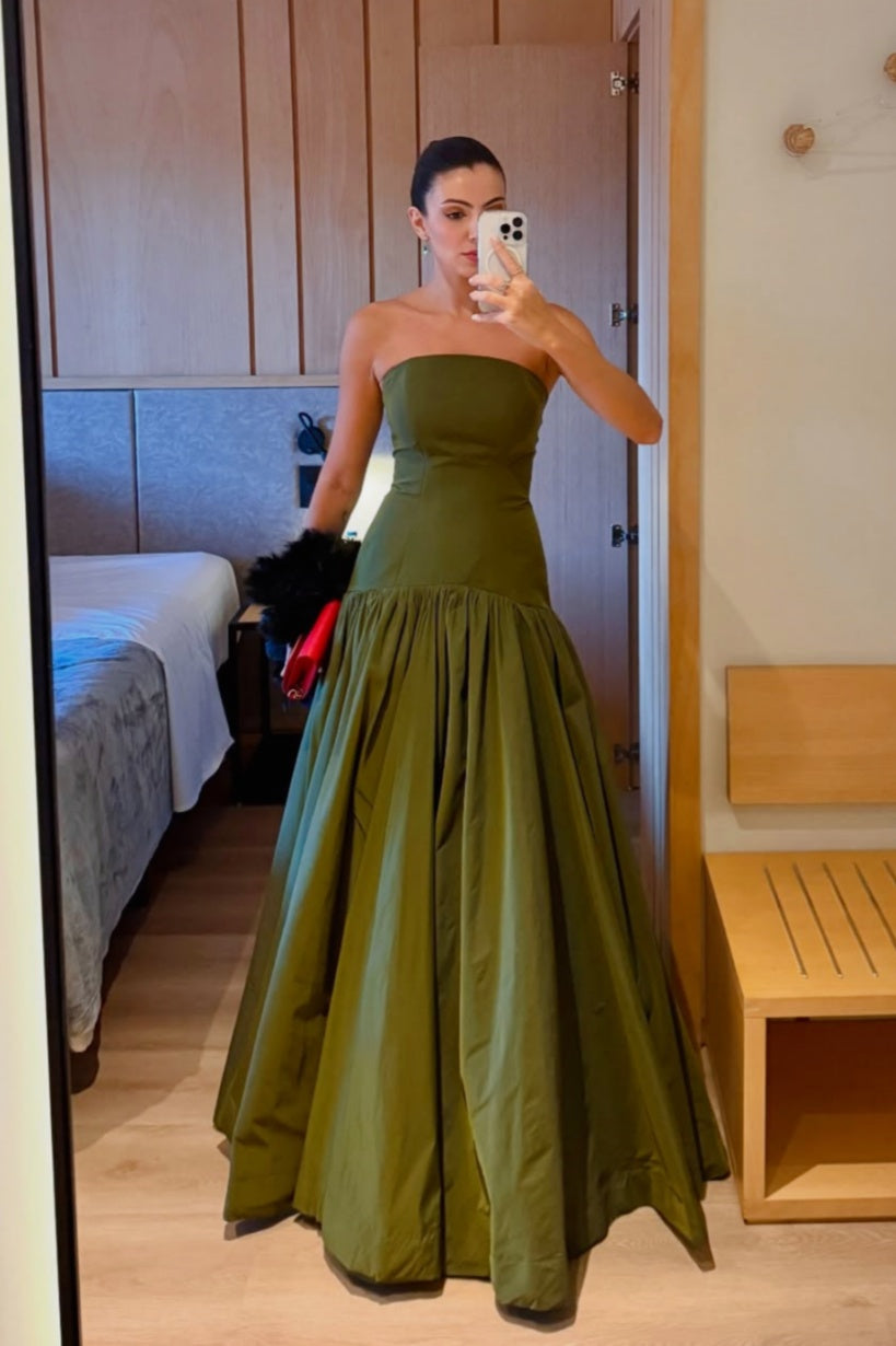 Olive Green Strapless A-line Gown